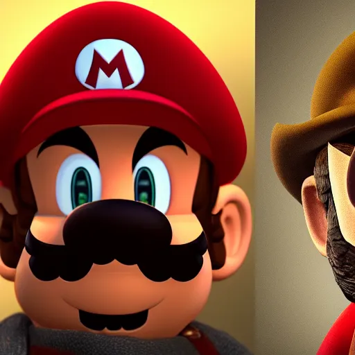 Image similar to mario from the mario bros series as the man with no name from the good the bad and the ugly ( still shot, cinematic still frame, studio lighting, high detailed, photo realistic, uhd, 8 k, good quality )