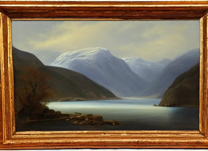 Image similar to norwegian fjords in winter in the style of hudson river school of art, oil on canvas