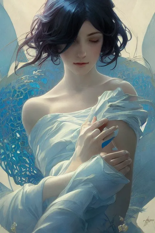 Prompt: perfect blue, dreamy and ethereal,, fantasy, intricate, elegant, highly detailed, digital painting, artstation, concept art, smooth, sharp focus, illustration, art by artgerm and greg rutkowski and alphonse mucha