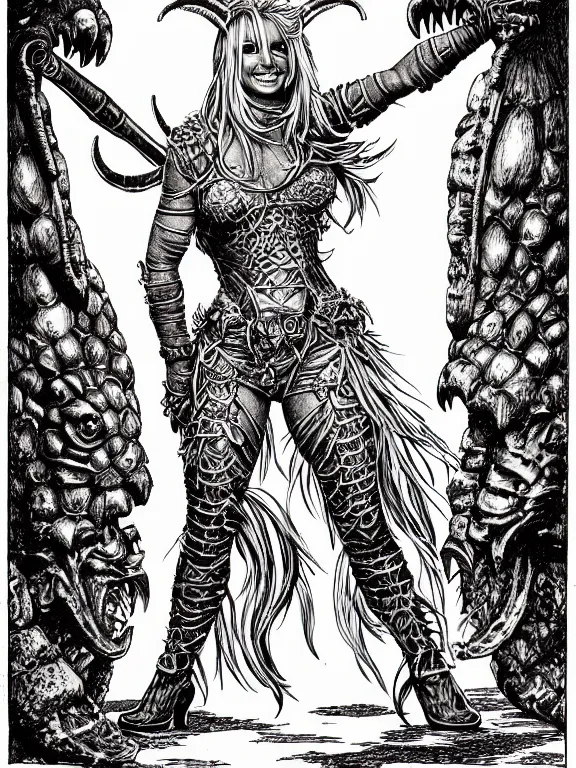 Image similar to britney spears as a d & d monster, full body, pen - and - ink illustration, etching, by russ nicholson, david a trampier, larry elmore, 1 9 8 1, hq scan, intricate details, inside stylized border