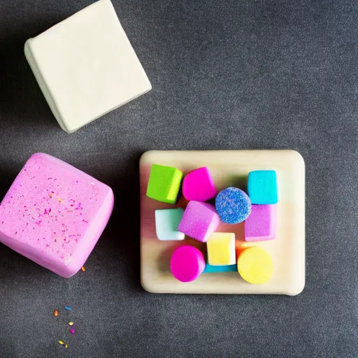 Image similar to photograph of a delicious marshmallow cube with sprinkles on a dark wooden chopping board, pastel colours, hessian cloth, styled food photography, photorealistic, 4 k