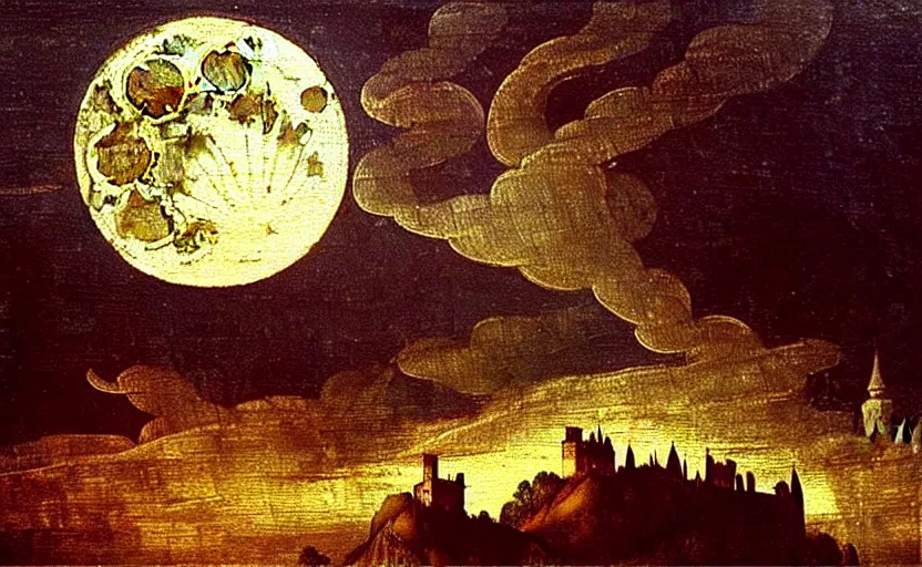 Image similar to oil painting by leonardo da vinci, full moon, french gothic burning!!! castle, fog! clouds, bats flying away from castle, blur, bokeh,