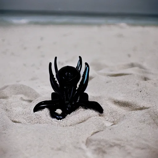 Image similar to a xenomorph on vacation lounging on the beach, 35mm film