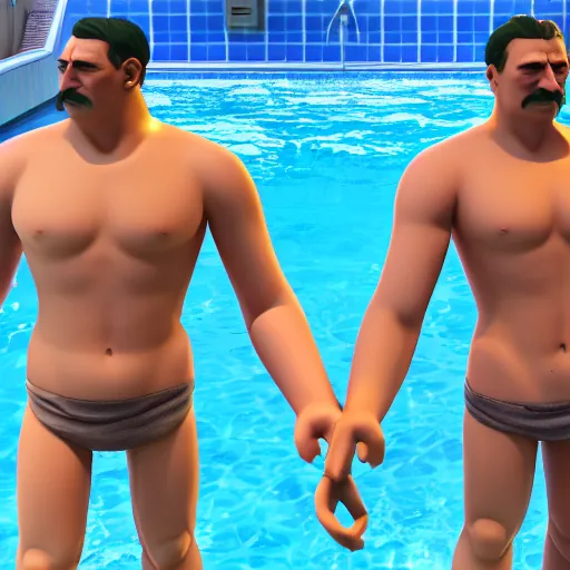 Prompt: 8 mm closeup adolf hitler and joseph stalin shirtless at a waterpark, volumetric cinematic perfect light, detailed, sony a 7 r, photorealistic, backlit, octane render, rule of thirds, unreal engine 5, 8 k