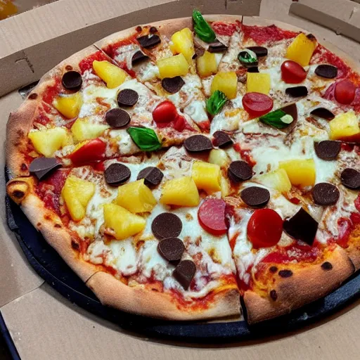 Image similar to pizza with cigarette buts and ash, raw chicken fillets, pineapple slices, with chocolate sauce and sprinkled with confetti