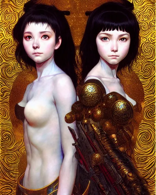 Image similar to portrait of two beautiful cute young maiden girls with short white hairs in warhammer armor, art by ( ( ( kuvshinov ilya ) ) ) and wayne barlowe and gustav klimt and artgerm and wlop