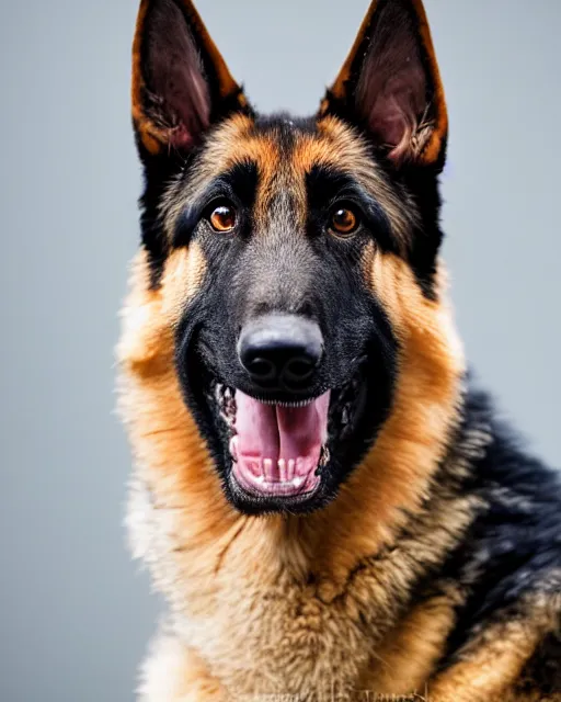 Image similar to A studio portrait of an unhappy German Shepherd dog, bokeh, 90mm, f/1.4