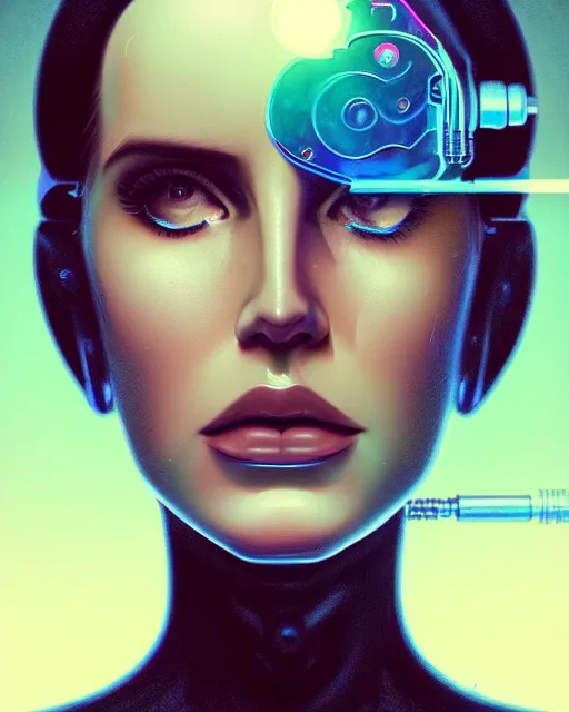 Image similar to portrait of lana del rey as a cyborg. intricate abstract. intricate artwork. by tooth wu, wlop, beeple, dan mumford. concept art, octane render, trending on artstation, greg rutkowski very coherent symmetrical artwork. cinematic, key art, hyper realism, high detail, octane render, 8 k, iridescent accents