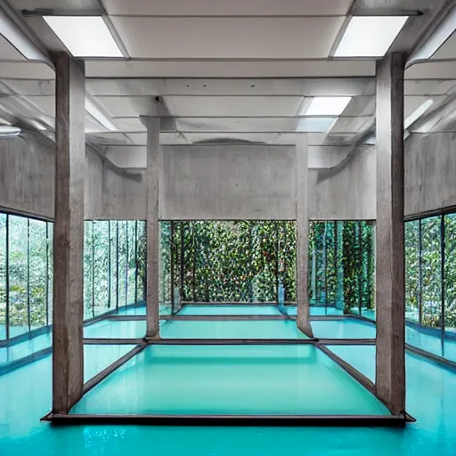 Image similar to upholstered sofas, fluorescent ceiling lighting, rectangular water pond!, a large minimalistic concrete rectangular! room! ( no windows )!, a tilt shift photo by leandro erlich, featured on cg society, kitsch movement, hall of mirrors, high dynamic range, studio portrait