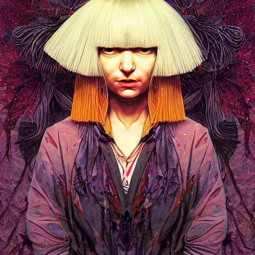 Prompt: portrait of crazy beautiful singer sia kate isobelle furler, ymmetrical, by yoichi hatakenaka, masamune shirow, josan gonzales and dan mumford, ayami kojima, takato yamamoto, barclay shaw, karol bak, yukito kishiro