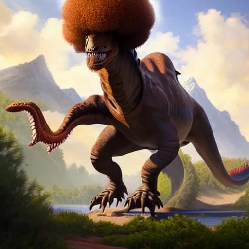 Image similar to bob ross!!! riding!!! a dinosaur!!, giant afro!, model pose, ultra realistic, concept art, intricate details, highly detailed, photorealistic, octane render, 8 k, unreal engine. art by artgerm and greg rutkowski and alphonse mucha