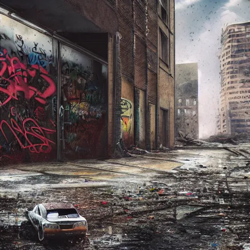 Prompt: hyper detailed and photorealistic, a number of car, dust, humus, wet street, graffiti on wall, trash scattered everywhere, abandoned car garage, 8 k, uhd, after rain, cinematic lighting, incrinate