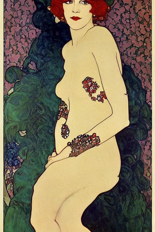 Image similar to portrait en buste of flapper girl of the roaring 20s by Aubrey Beardsley, Alphonse Mucha Gustav Klimt, Maxfield Parrish, Gerda Wegener, Henri de Toulouse-Lautrec, bold moody colors, flamboyant clothes, roaring twenties