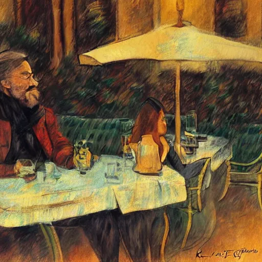 Image similar to klingon sitting at outdoor table at vintage paris cafe, digital painting, soft focus, greg rutkowski, toulouse - lautrec, john howe.