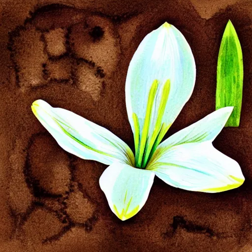 Image similar to a lone lily growing in a field of mud, realistic watercolour