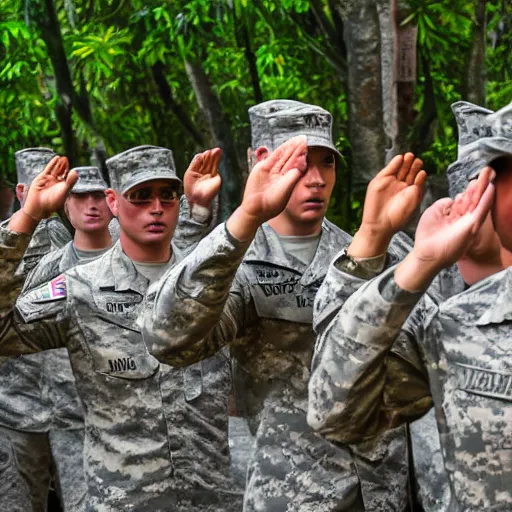 Prompt: American Military Police saluting the viewer, serious faces, Vietnam War, jungle, highly detailed, 4k, HDR, photograph