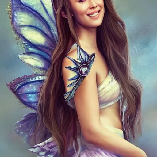 Image similar to Alycia Debnam-Carey as very very very beautiful fairy princess with fairy wings, bare midriff, one foot raised off the ground, full body portrait, eye contact, smiling, flirty, perfect face, perfect body, drawn by artgerm