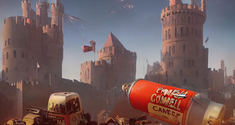 Image similar to A GIANT HUGE campbell soup can crashed right in the middle of a Medieval city, Soup can crashed into a castle rendered by Beeple, environment concept, digital art, unreal engine, 3 point perspective, trending on artstation, low level, 4K UHD image, octane render,