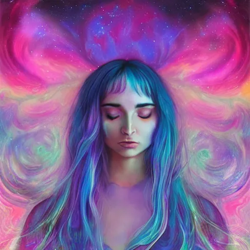 Image similar to a galaxy pink purple and blue colored, psychedelic ethereal portrait, kim petras with her eyes closed, transcending to a higher plane of existence, eternal blessing, multiverse, by android jones, by ben ridgeway, visionary art, by artgerm, featured on artstation, cgsociety, by greg rutkowski