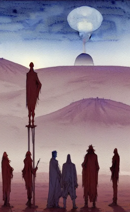 Image similar to a hyperrealist watercolour character concept art portrait of a 1 0 ft. tall thin alien with a high forehead on a misty night in the desert. a small group of people are watching from the foreground. a ufo is in the background. by rebecca guay, michael kaluta, charles vess and jean moebius giraud