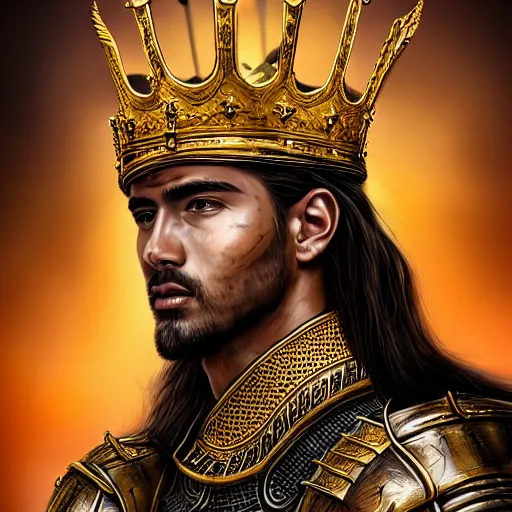 Image similar to Hyper-realistic portrait of the King of the Desert, Warrior at war, battle field, Gold Armour and Crown, Sword, handsome attractive face, attractive young man, beautiful face, photo realistic, dramatic lighting, majestic, trending on artstation, elegant, intricate, highly detailed, digital painting, concept art, sharp focus, illustration, art by artgerm and greg rutkowski and alphonse mucha