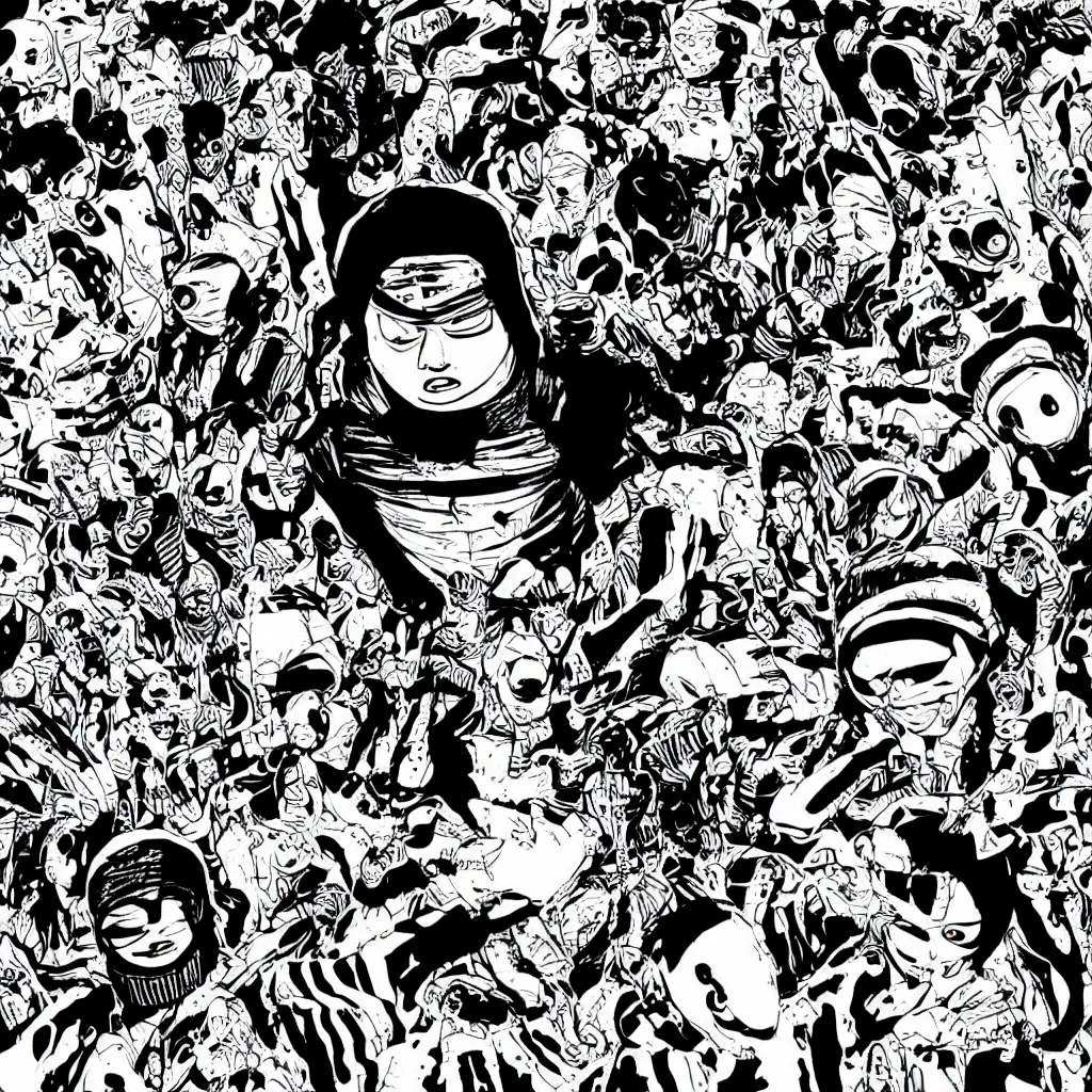Image similar to faceless human figures, kazuo umezu artwork, jet set radio artwork, stripes, tense, space, skimask, balaclava, ominous, minimal, cybernetic, cowl, ink, acrylic, dots, stipples, lines, hashing, thumbprint, dark, eerie, circuit board, crosswalks, guts, folds, tearing, painting