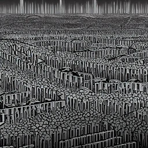 Image similar to a dystopian earth when humans are ruled by a large pointing finger and there are rows of people in shackles going to office jobs