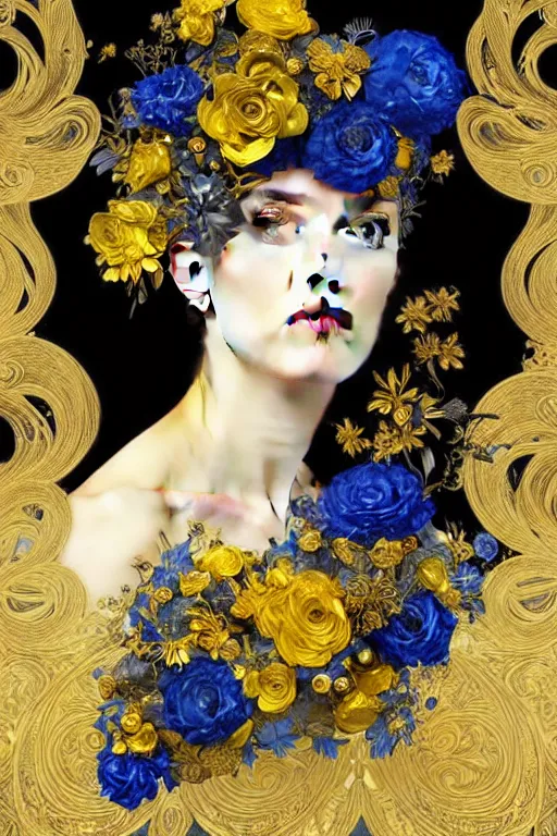 Prompt: beautiful black blue yellow, complicated gold and blue flowers in baroque style headwears, dark fantasy, intricate, elegant, highly detailed, digital painting, artstation, concept art, matte, 3 d 8 k octane rendered, sharp focus, illustration, octane rendered, art by artgerm and alphonse mucha, leesha hannigan