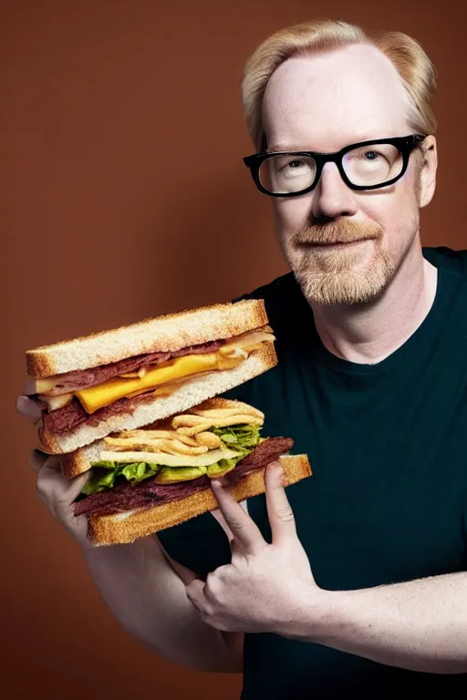 Prompt: 📷 portrait of adam savage with a sandwich head, food face, still image, high resolution, 4 k