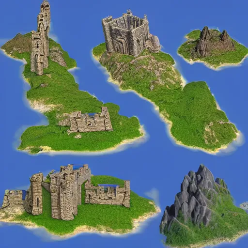 Image similar to 3d model of a fantasy map, lots of islands, tall rocks, ruins, small villages scattered around