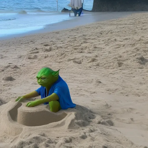 Image similar to Yoda building a sand castle on the beach