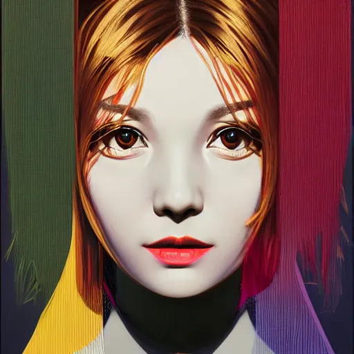 Image similar to young collage artist with warm eyes, slim features looking cross - eyed at you. box office hit, satire and seventies italian horror movie, unreal engine, intricate, ultra detailed 8 k, ambient reflective occlusion, extremely beautiful and aesthetic shape of face and neck, art by hiroaki samura and ilya kuvshinov and rossdraws and andy warhol, inverted