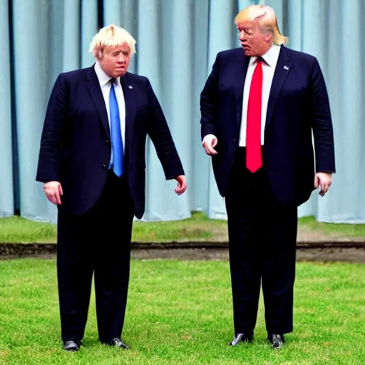 Prompt: a photo of boris johnson and donald trump trading nuclear codes