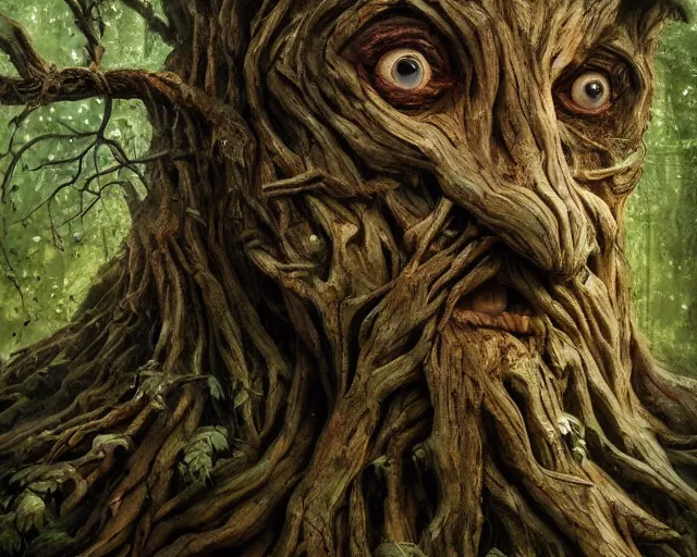 Image similar to a talking tree, a face in the bark, nose made of wood, mouth in the bark, eyes in the bark, fantasy concept art, fantasy oil painting, hyperrealistic, treebeard, ents, magical, highly detailed, artstation, cgsociety, in the forest