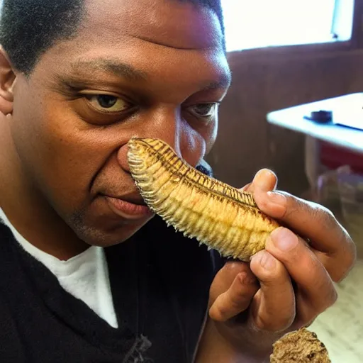 Image similar to john coltrane snuggling a giant mealworm