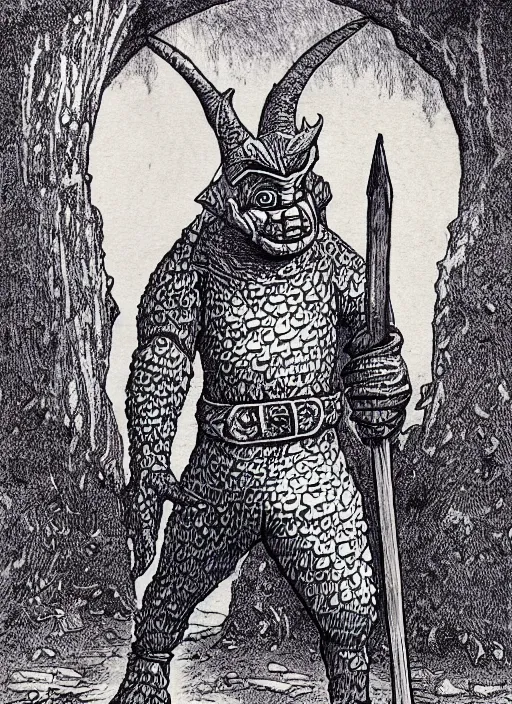 Prompt: tinky winky as a D&D monster, full body, pen-and-ink illustration, etching, by Russ Nicholson, DAvid A Trampier, larry elmore, 1981, HQ scan, intricate details, Monster Manula, Fiend Folio