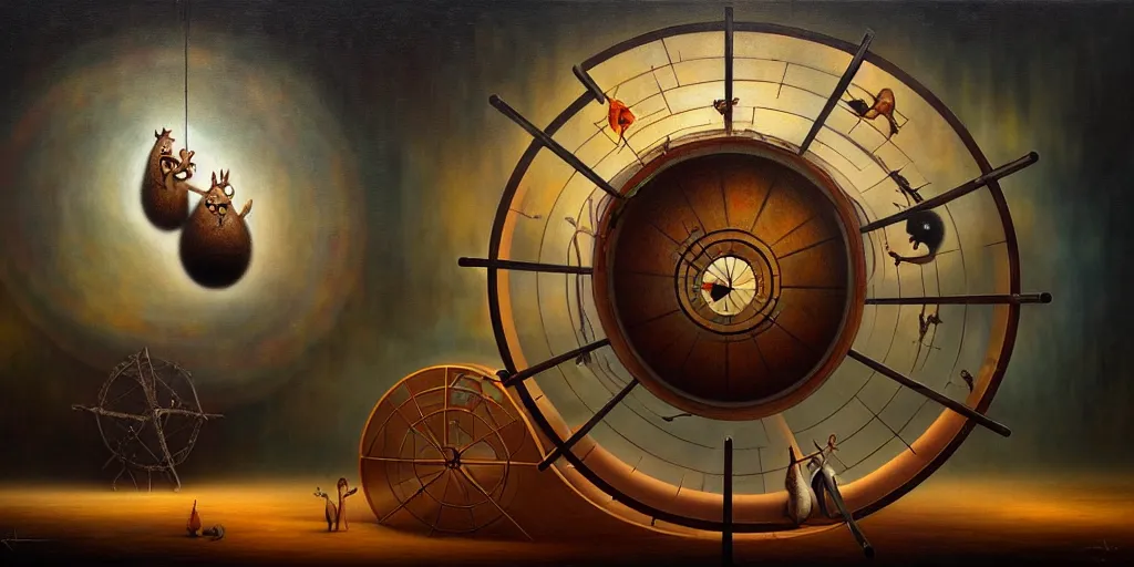 Prompt: trapped on the hedonic treadmill like a hamster on a wheel, ixion's wheel, uncanny, dark surreal oil painting by ronny khalil, shaun tan, and leonora carrington