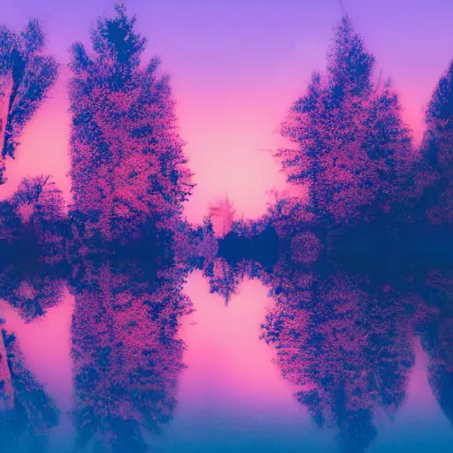 Prompt: peaceful landscape far away trees forest river birds, nature, beautiful, digital art, 4 k, beam of light, pattern color, pastel, blue sky, pink sunset, white horizons, pink ground, blue earth