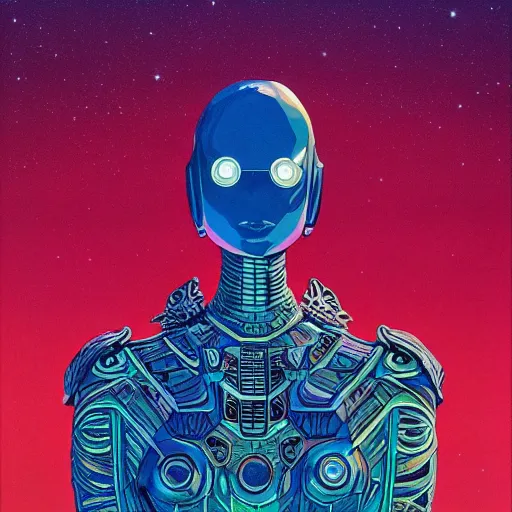 Prompt: beautiful portrait of the mysterious organic robot, vogue cover, vogue poses, beautiful futuristicornamental cape, intricate, highly detailed, masterful, fantasy world, sci fi world, in the style of moebius, akira toriyama, jean giraud, 8 k