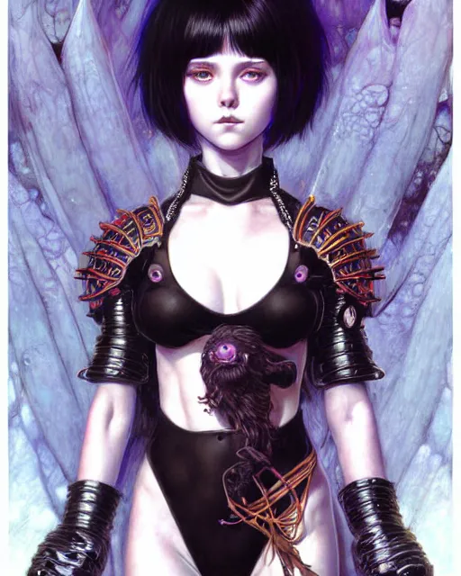 Image similar to portrait of beautiful cute young goth maiden girl with short white hairs in warhammer bikini armor, art by ( ( ( kuvshinov ilya ) ) ) and wayne barlowe and gustav klimt and artgerm and wlop
