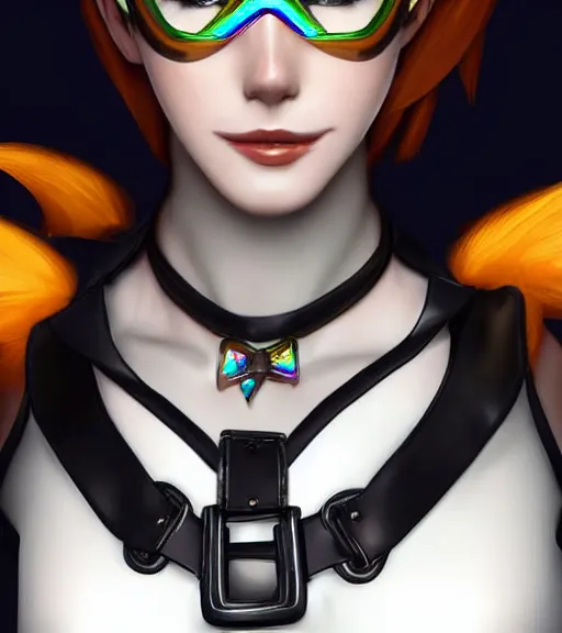 Image similar to portrait bust digital artwork of tracer overwatch, wearing black iridescent rainbow latex, 4 k, expressive happy smug expression, makeup, in style of mark arian, angel wings, wearing detailed black leather collar, chains, black leather harness, detailed face and eyes,