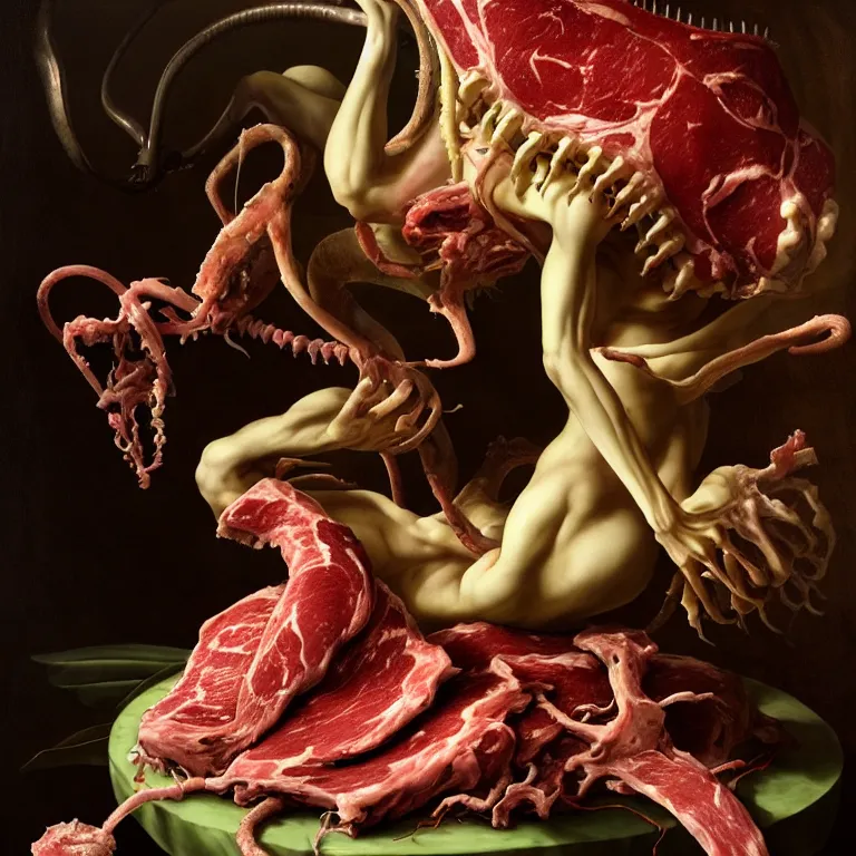 Prompt: still life of rotten meat flesh, white xenomorph, beautiful tropical flowers, human spine, colorful mold, baroque painting, beautiful detailed intricate insanely detailed octane render, 8K artistic photography, photorealistic, chiaroscuro, Raphael, Caravaggio