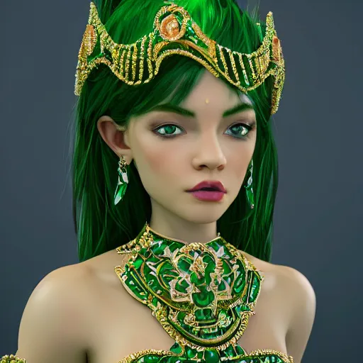 Prompt: wonderful princess of emeralds with fair skin, ornate, 8 k, gorgeous, intricate, detailed, accent lighting, dramatic lighting, octane render