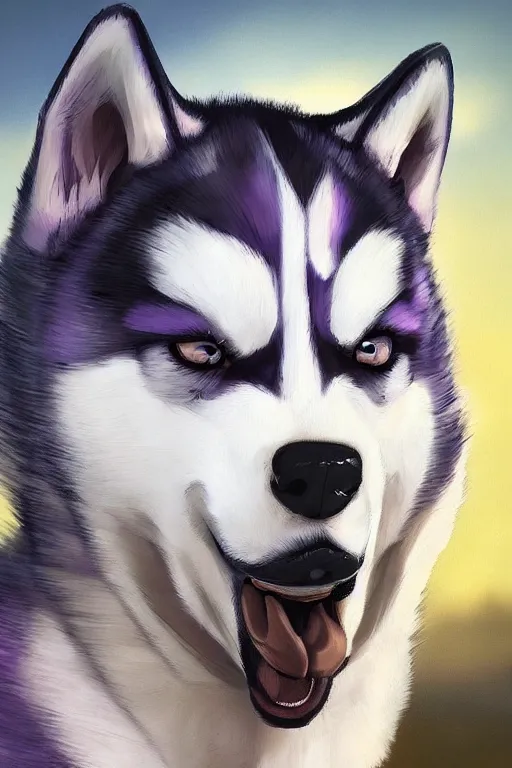 Image similar to a portrait painting of a husky in cowboy costume in the style of anime, [ western film ], [ character design ], humanoid, personify, anthropomorphic, trending on artstation