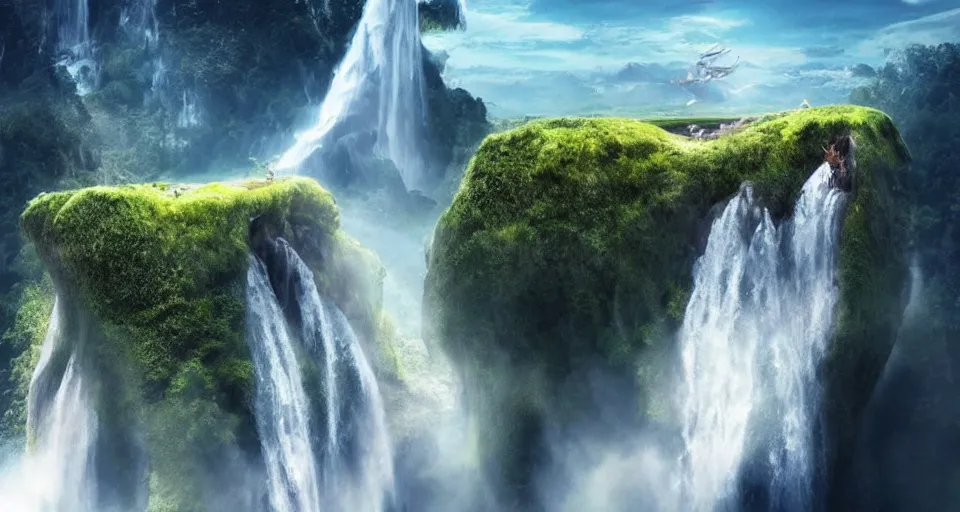 Image similar to A magnificent floating island in the sky above the sea, defying gravity, waterfall falling down, epic lighting, epic composition, cinematic, highly detailed