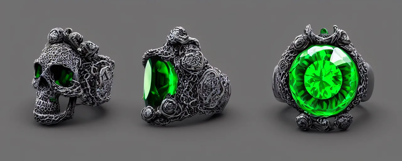 Image similar to simple magic ring of poison, ring, skull, tentacles, green, black, purple. smooth shank, crystals, engravings, product design, jewelry, colorful, art by gerald brom, greg rutkowski and artgerm, photo realism, unreal engine, c 4 d