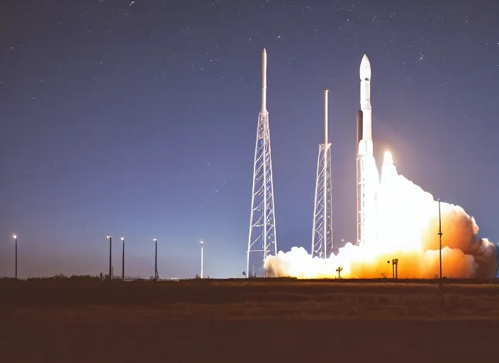 Prompt: film still of nighttime launch of the space launch system LC-39B at Kennedy Space Center in 2025, 4k, 120mm f5.6