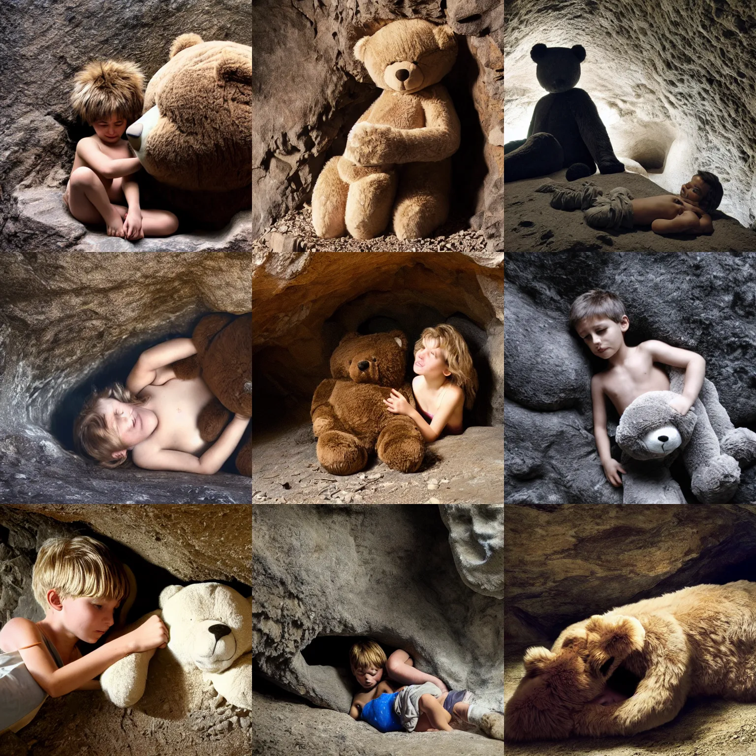 Prompt: a human child laying down with a large furry bear in a stone cave, dark background