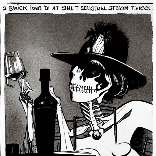 Image similar to a skeleton in a black suit sitting at the bar at the disco club drinking tequila, talking to a beautiful woman in a low cut blouse and a miniskirt, holding a martini, by Basil Gogos and Robert McGinnis