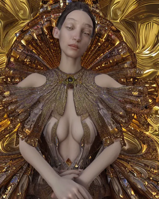 Image similar to a highly detailed metahuman 4 k close up render of a seraphim bella hadid monument renaissance in iris van herpen dress schiaparelli in diamonds crystals swarovski and jewelry iridescent in style of alphonse mucha gustav klimt trending on artstation made in unreal engine 4